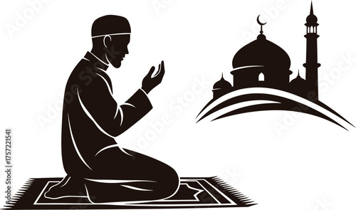 muslim man praying in front of a mosque silhouette, Islamic worship and devotion vector art