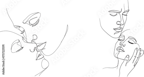 intimate couple kissing and embracing, continuous line art of love, romance, and human connection