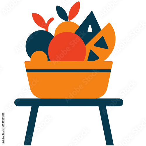 Harvest basket vector, geometric fruit illustration, autumn minimal flat design
