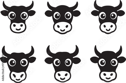 Cute Cartoon Cow Head Icons Set Black and White Dairy Farm Animal Mascot Faces Vector Graphic