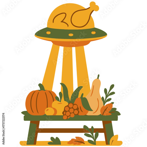 Floating turkey spaceship vector, glowing golden light above harvest table