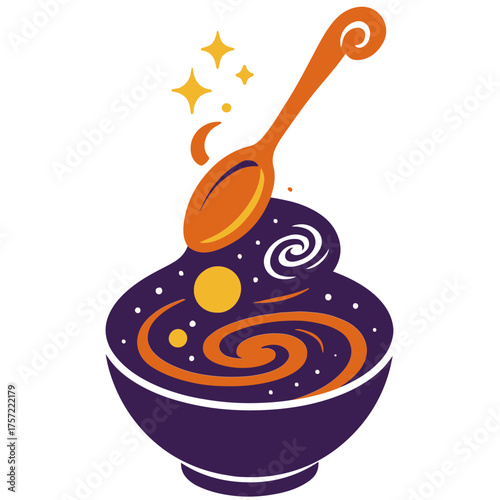 Magical spoon stirring glowing soup vector, forming galaxies