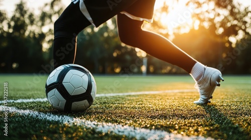 Close up of a soccer player kicking the ball on the field during sunset, showcasing the skill and passion for the beautiful game