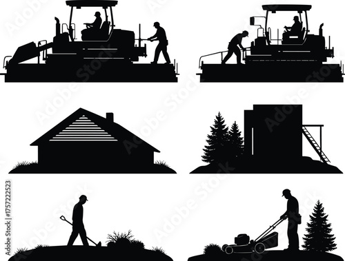 Road construction workers, paver machine, modern house, gardening, lawn mowing, silhouette vector set, home maintenance, landscaping, teamwork, outdoor activity, trees