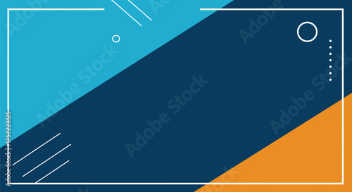 Abstract Geometric Background Template with Navy Blue, Cyan, and Orange Diagonal Blocks, Framed by a Modern Minimalist White Border