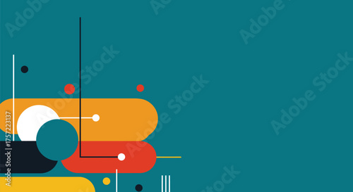 Modern Abstract Geometric Background Design. Flat Style Composition with Circles, Rounded Rectangles, and Lines on Teal.