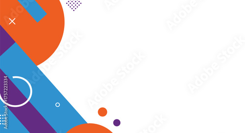 Modern Geometric Abstract Background Design. Bright Orange, Blue, and Purple Shapes on White Copy Space Template.