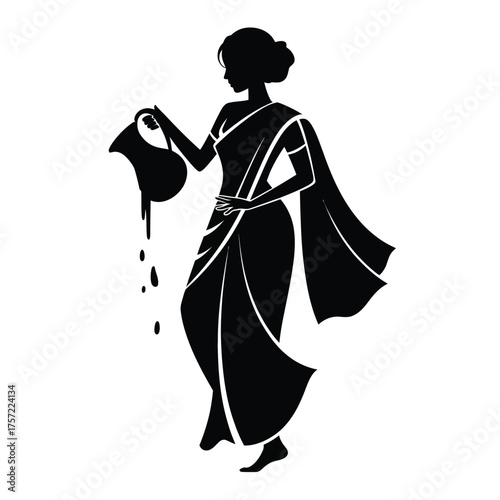 Vector illustration of a woman in traditional indian saree pouring water from a pitcher eps icon silhouette vector illustration white background