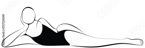 Minimalist black and white line drawing of a person in a swimsuit reclining elegantly silhouette vector illustration white background