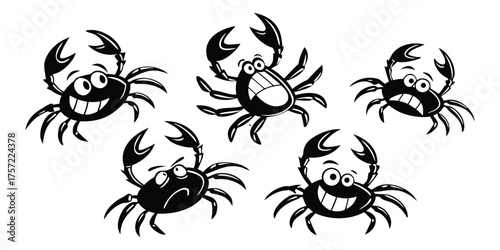 Five whimsical cartoon crabs with big grins and claws raised