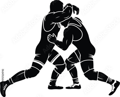 Dynamic black and white silhouette illustration of two wrestlers grappling vector eps graphic silhouette vector illustration white background