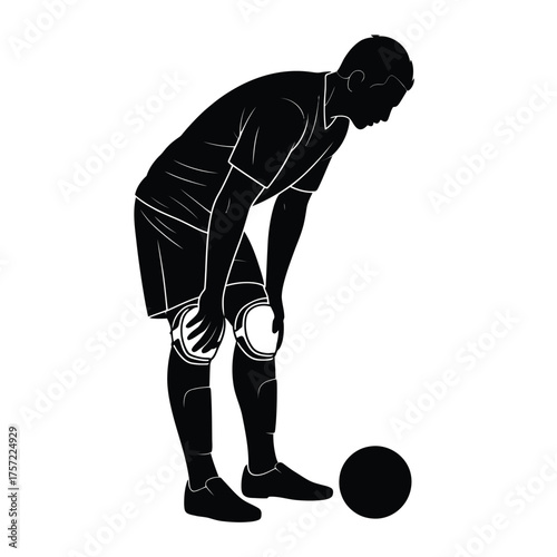 Silhouette vector illustration of a soccer player bending down exhausted next to a soccer ball silhouette vector illustration white background