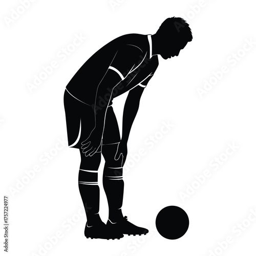 Scalable vector silhouette illustration of a soccer player bending over with ball eps icon silhouette vector illustration white background