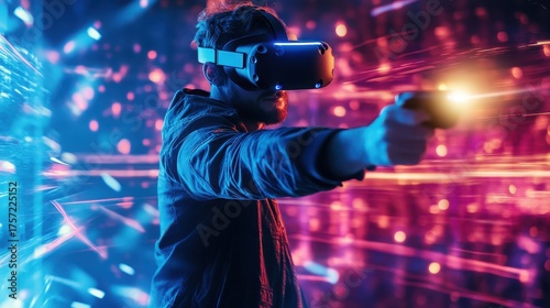 Man in virtual reality headset holding gun in cyberspace with neon lights and data streams, exploring digital world and gaming