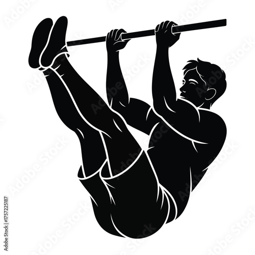 Silhouette illustration of a muscular man performing a hanging leg raise exercise on a pull-up bar silhouette vector illustration white background