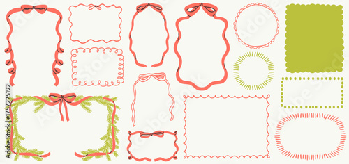 Christmas decoration border with fir tree branches, bow, ribbon in vintage whimsical doodle style for poster, placards, invitations. Christmas or New Year design holiday frame vector illustration set.