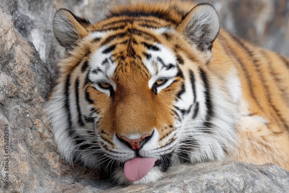 Fototapeta premium Close-Up of a Large Siberian Tiger Grooming Itself, Tongue Out, Capturing the Beauty of a Wild Cat at Rest