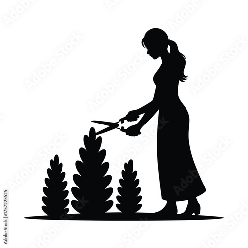 Silhouette illustration of a woman pruning garden bushes with shears scalable vector graphic for eps silhouette vector illustration white background