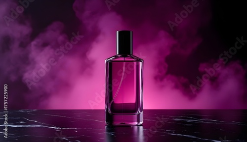 Sleek Perfume Bottle on Black Marble with Magenta Smoke - Dramatic Studio Lighting