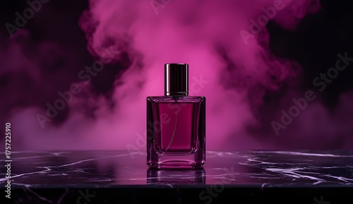 Modern Perfume Bottle on Polished Marble - Elegant Magenta Smoke Background