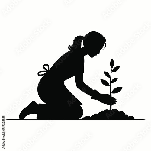 Silhouette vector illustration of a woman planting a sapling scalable eps graphic for gardening and environmental themes silhouette vector illustration white background
