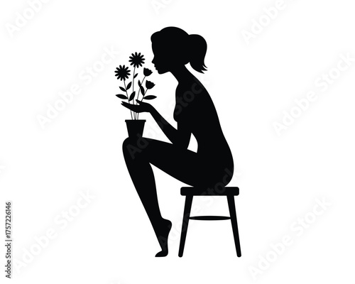 Silhouette illustration of a woman tending to flowers in a pot on a stool scalable vector graphic silhouette vector illustration white background