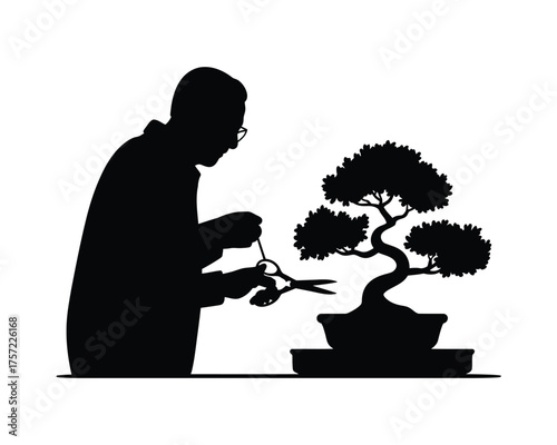 Silhouette illustration of a person tending to a bonsai tree vector graphic for eps download silhouette vector illustration white background