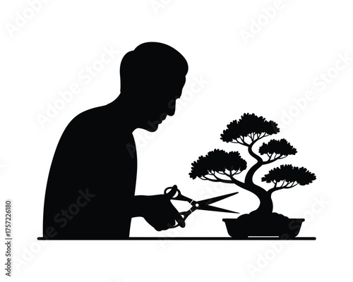 Silhouette vector illustration of a gardener pruning a bonsai tree with scissors scalable eps silhouette vector illustration white background