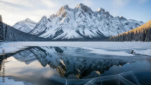 Stunning Mountain Lake Reflection in Winter Scenery.