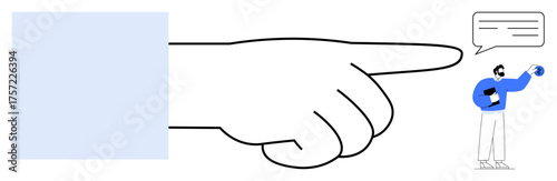 Oversized hand pointing at a small, expressive figure holding a globe and speaking via speech bubble. Ideal for communication, authority, guidance, leadership, influence, ideas creativity. A simple