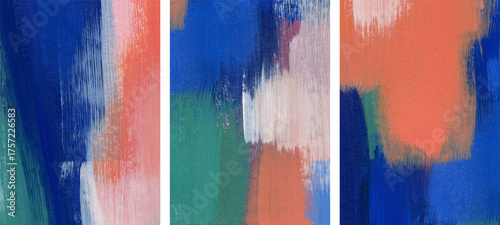 Three minimalist artist-made paintings. Contemporary abstract art. Versatile artistic image for creative design projects: posters, banners, websites, covers, cards, prints and wallpapers.