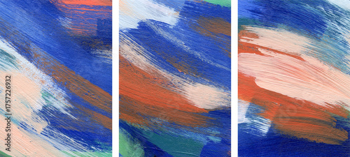 Three minimalist artist-made paintings. Contemporary abstract art. Versatile artistic image for creative design projects: posters, banners, websites, covers, cards, magazines, prints, wallpapers.