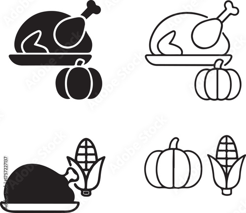 Isolated Black Thanksgiving Food, Turkey Pumpkin, Corn Symbol, Holiday Meal, Minimal Vector, Modern Minimal, Black Line, Holiday Food Icon, Thanksgiving Celebration