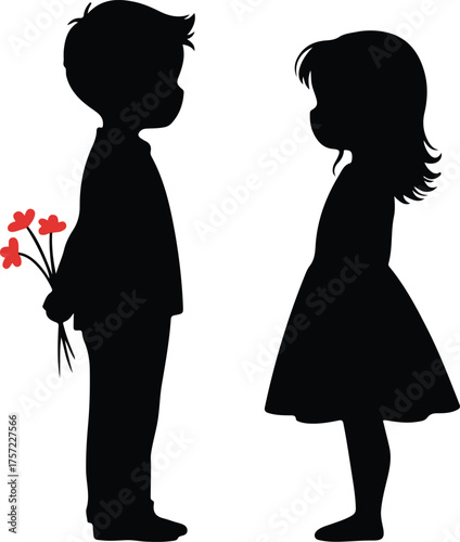 Boy surprising girl with flowers silhouette children
