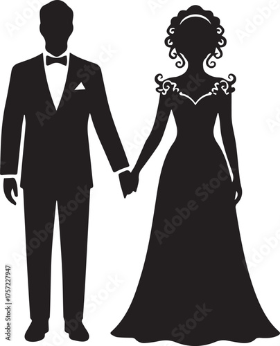 Silhouette of a bride and groom holding hands Keywords: wedding, couple, bride, groom