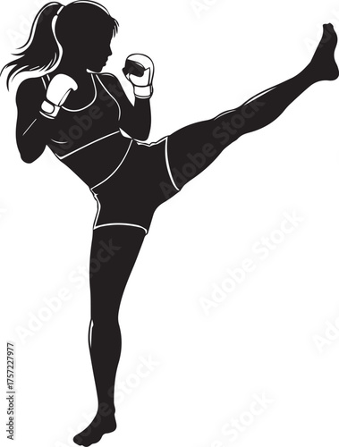 Silhouette of woman kicking with boxing gloves on white background Keywords: silhouette, woman