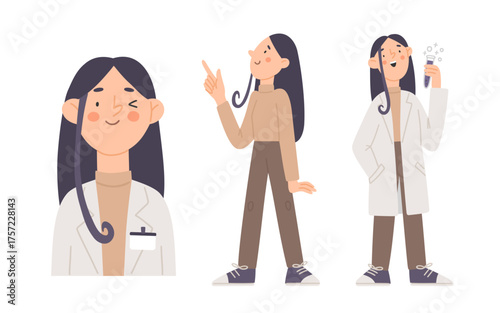 Young woman scientist in white robe with test tube. Portrait of winking doctor. Vector illustration in cartoon flat style. 