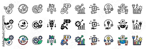 Set Of Energy Efficiency collection. with Outline, Glyph and Flat Line style. Containing Save Water, Green Engineering, Reduce Waste, Energy Losses, Efficiency Improvement.