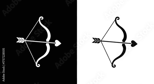 Romantic Cupid Bow and Heart Arrow Vector Icon in Minimalist Black and White Style