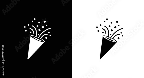 Black and white party popper icon exploding with confetti.