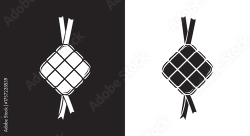 Simple Ketupat Icon Vector Traditional Food Illustration in Black and White for Eid Mubarak Celebration