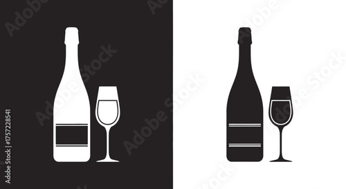 Champagne bottle and glass silhouette icon set on black and white backgrounds.