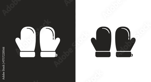 Simple flat vector icons of winter mittens in black and white.