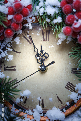 festive holiday winter clock, elegant antique clock with festive winter elements and holiday