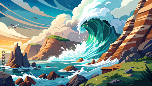 Tsunami crashing into rocky coastline, cliffs covered in sea spray, waves exploding against stones, seagulls flying above dramatic horizon, cinematic sense of natural power and motion