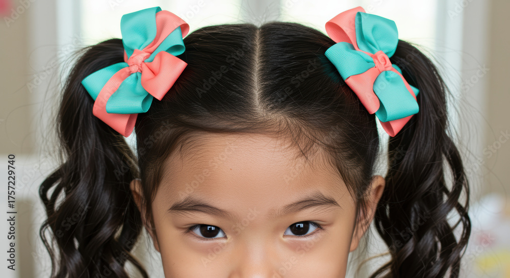 Naklejka premium young girl with pigtails and colorful turquoise and coral bows sitting indoors, smiling playfully in soft natural lighting