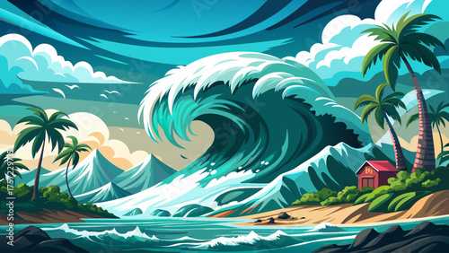 A tsunami rising near tropical island with palm trees, turquoise water turning white from wave force, dark clouds gathering overhead, sunlight filtering through chaos