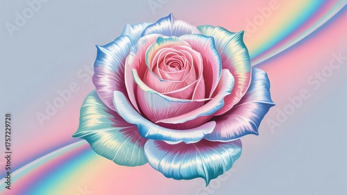 Romantic closeup of a single aqua blue and pink rose with holographic sheen, beautiful petals set against a blue rainbow background.