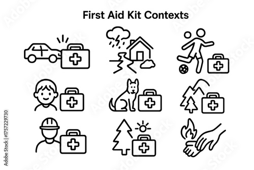 Set of line drawings depicting various contexts for first aid kit use
