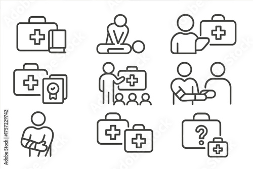 Set of black and white line icons for first aid and medical assistance
